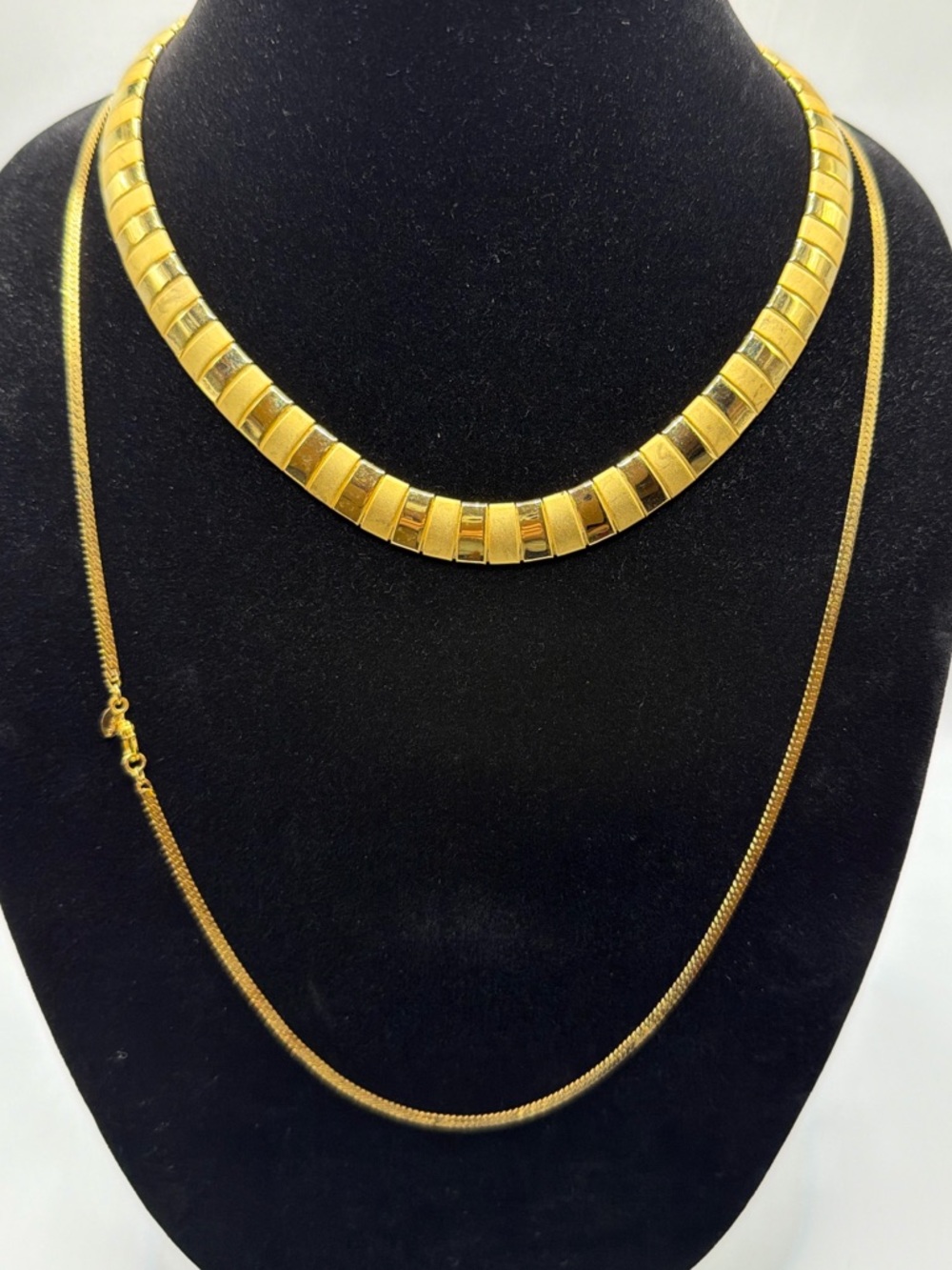 Vintage Gold Tone Necklace Set Monet Herringbone + Geometric Collar Layered Chic